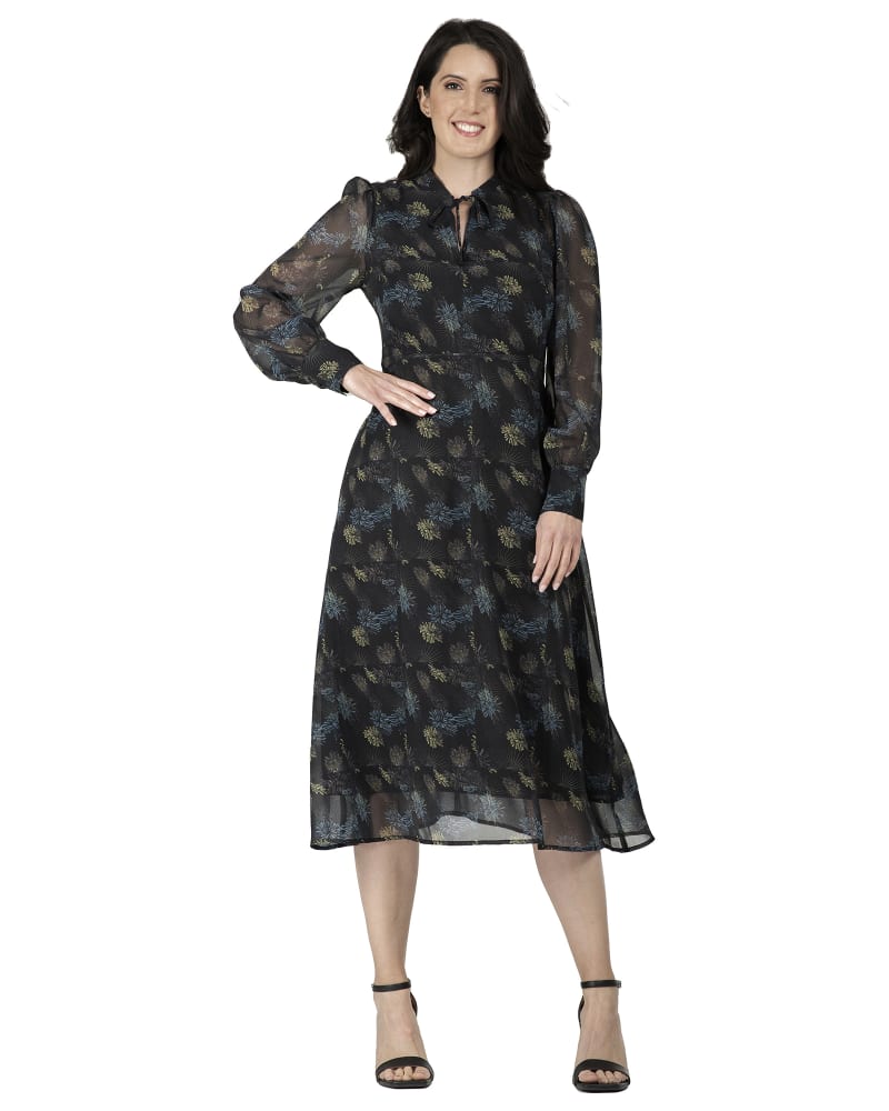 Front of a model wearing a size 16 Women's Tie-Neck Flared Skirt Maxi Dress in Black Sparkler by Standards & Practices. | dia_product_style_image_id:275840